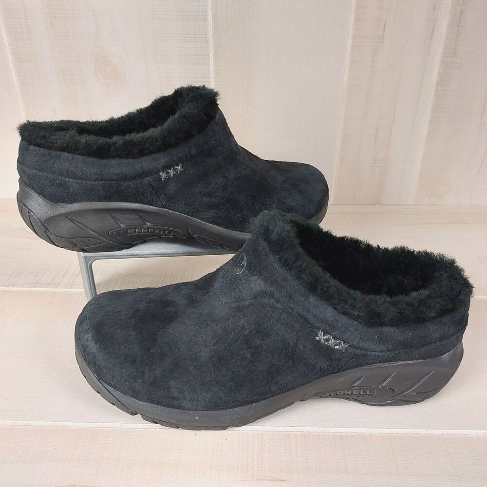 Merrell Encore Ice 4 Black Suede Fleece Lined Slip-on Clogs Women Size 9 J598840